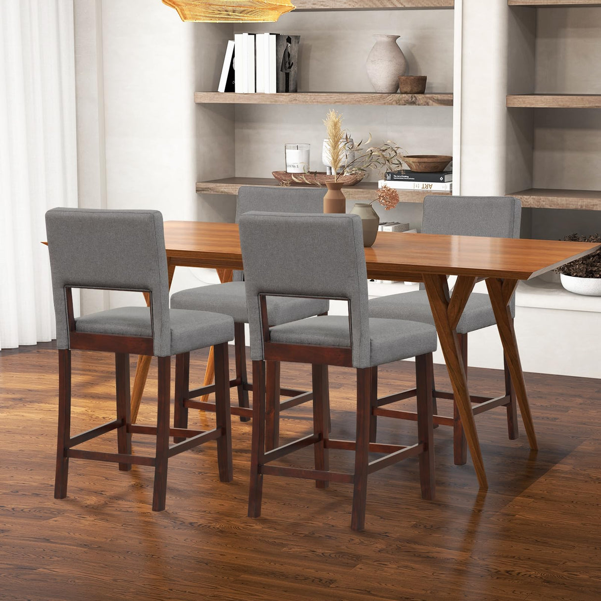 Giantex 24.5" Counter Height Bar Stools Set of 4, Linen Barstools with Back, Rubber Wood Legs, Max Load 400 Lbs, Modern Upholstered Bar Dining Chairs for Kitchen Island Pub, Grey Giantex