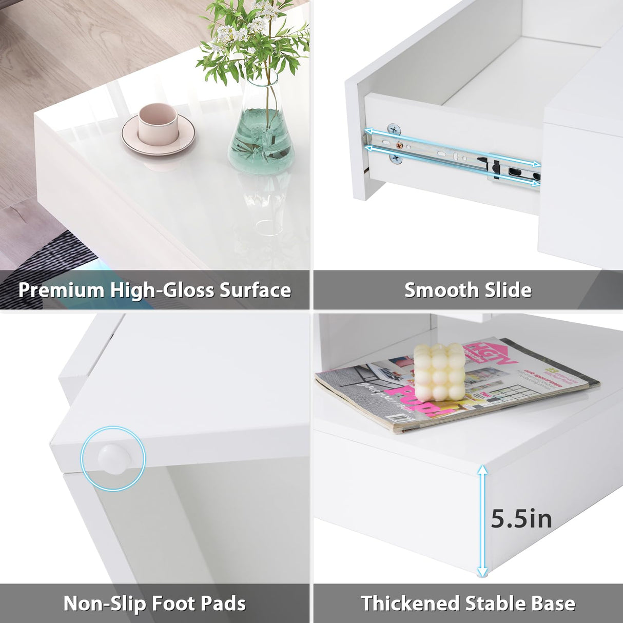 Verano Garden Modern High Gloss LED Coffee Table with Storage, 2-Tier Center Table with Open Display Shelf & 2 Sliding Drawers, Rectangle Coffee Tables for Living Room, Bedroom, White Verano Garden