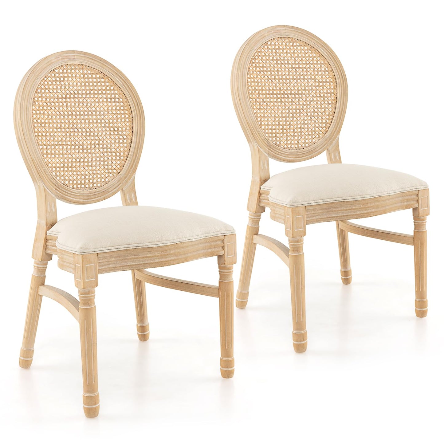 GOFLAME French Country Dining Chairs Set of 2, Upholstered Farmhouse Dining Chairs with Round Rattan Back and Seat, Accent Side Chairs with Solid Wood Frame for Living Room, Dinging Room, Kitchen