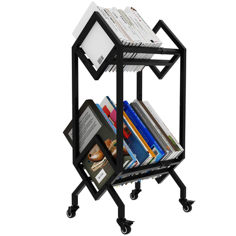 VEDECASA Bookshelf Book Rack Industrial Metal Bookcase 2 Tier Holder with Wheels Modern Stylish Design Magazines Files Album Recipe Book Storage Organizer for Sofa End Bed Beside VEDECASA