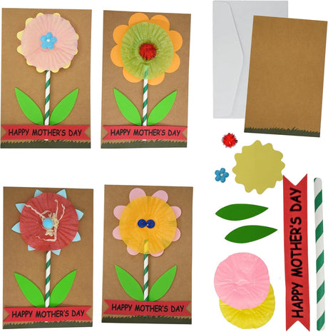 4E's Novelty DIY Mothers Day Craft Kit 4 Pack, Flower Card Making Kit Spring Bulk Handmade Happy Mother's Day Greeting Card Gifts, Home Activities 4E's Novelty