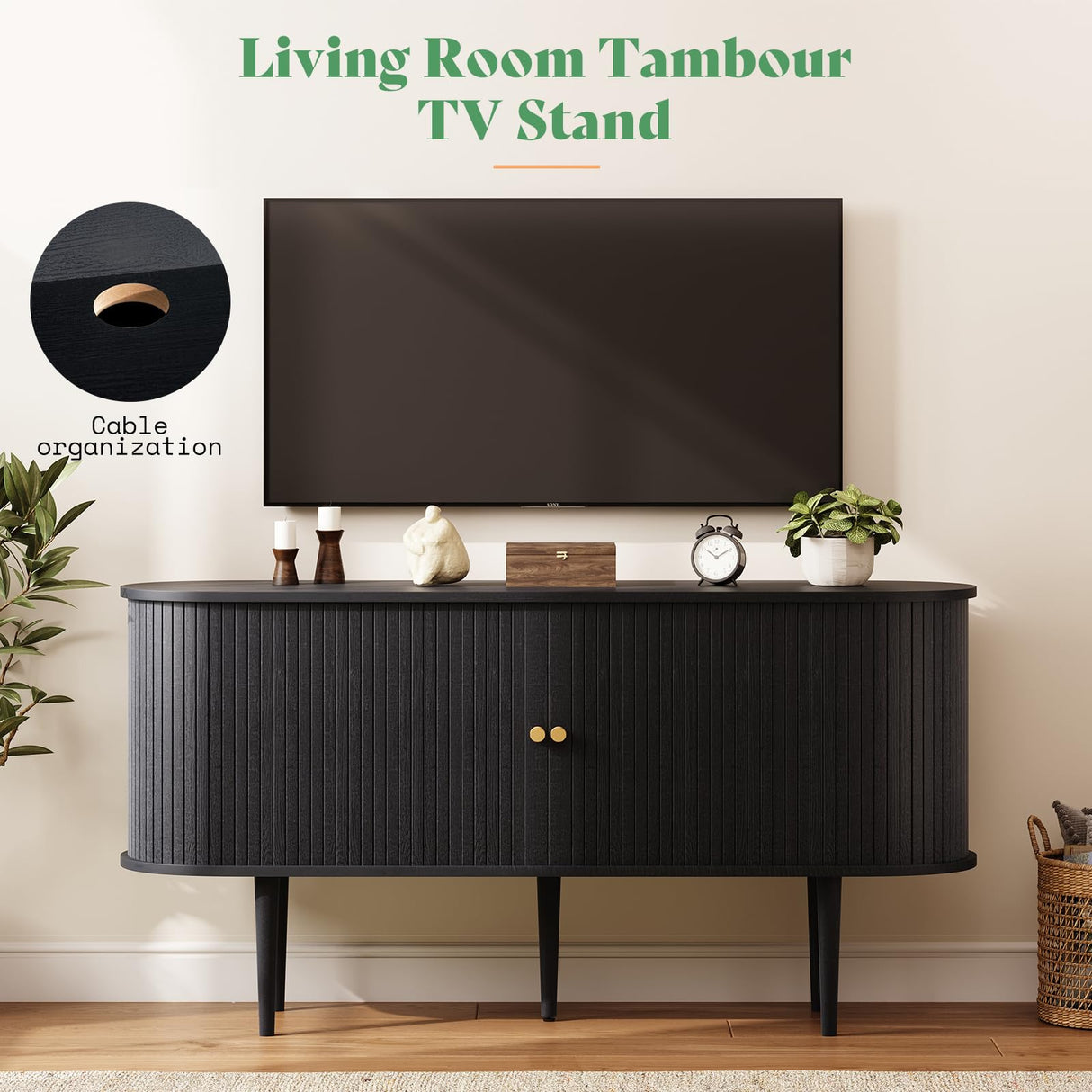 AMERLIFE 55" TV Stand with Solid Wood Legs, Mid Century Modern TV Console with Tambour Door for 80-inch TV, Dust-Proof Storage Cabinet for Living Room, Embossed Black AMERLIFE