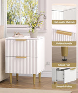 Akxomel White Nightstand Set of 2, Fluted Night Stand with Charging Station, 13.8" D x 15" W x 23.2" H, 2 Drawers Modern Bedside Table with USB Ports and Outlets, Golden Side Table for Bedroom Akxomel