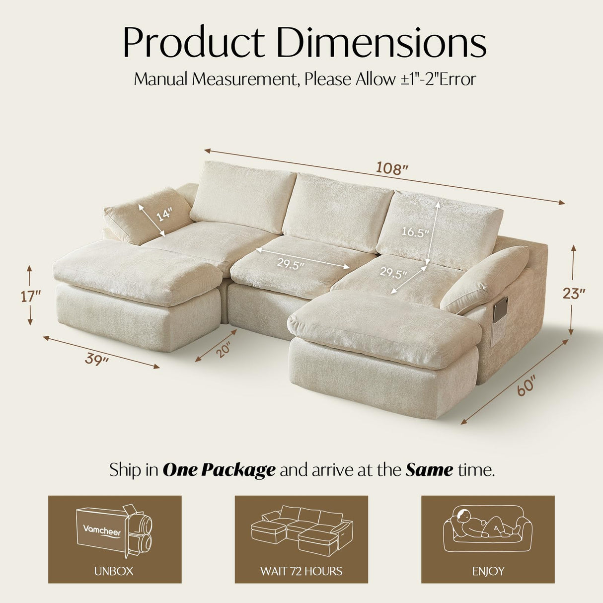 Vamcheer Modular Sectional Cloud Couch, Utra Soft U Shaped Couch with 2 Movable Ottoman, Deep Seat Boneless Couches for Living Room Bedroom, No Assembly Required, Beige Vamcheer