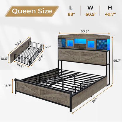 BTHFST Farmhouse Queen Bed Frame with Shelf Headboard & 4 Drawers, LED Bed Frame Queen Size with Charging Station, Wood Platform Bed with Metal Slats Support, No Box Spring Needed, Rustic Oak - WoodArtSupply