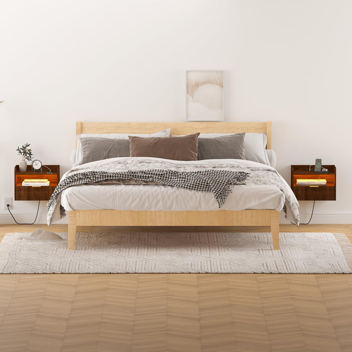 Veegle Floating Nightstand with Charging Station and LED Lights (Walnut Brown) Veegle