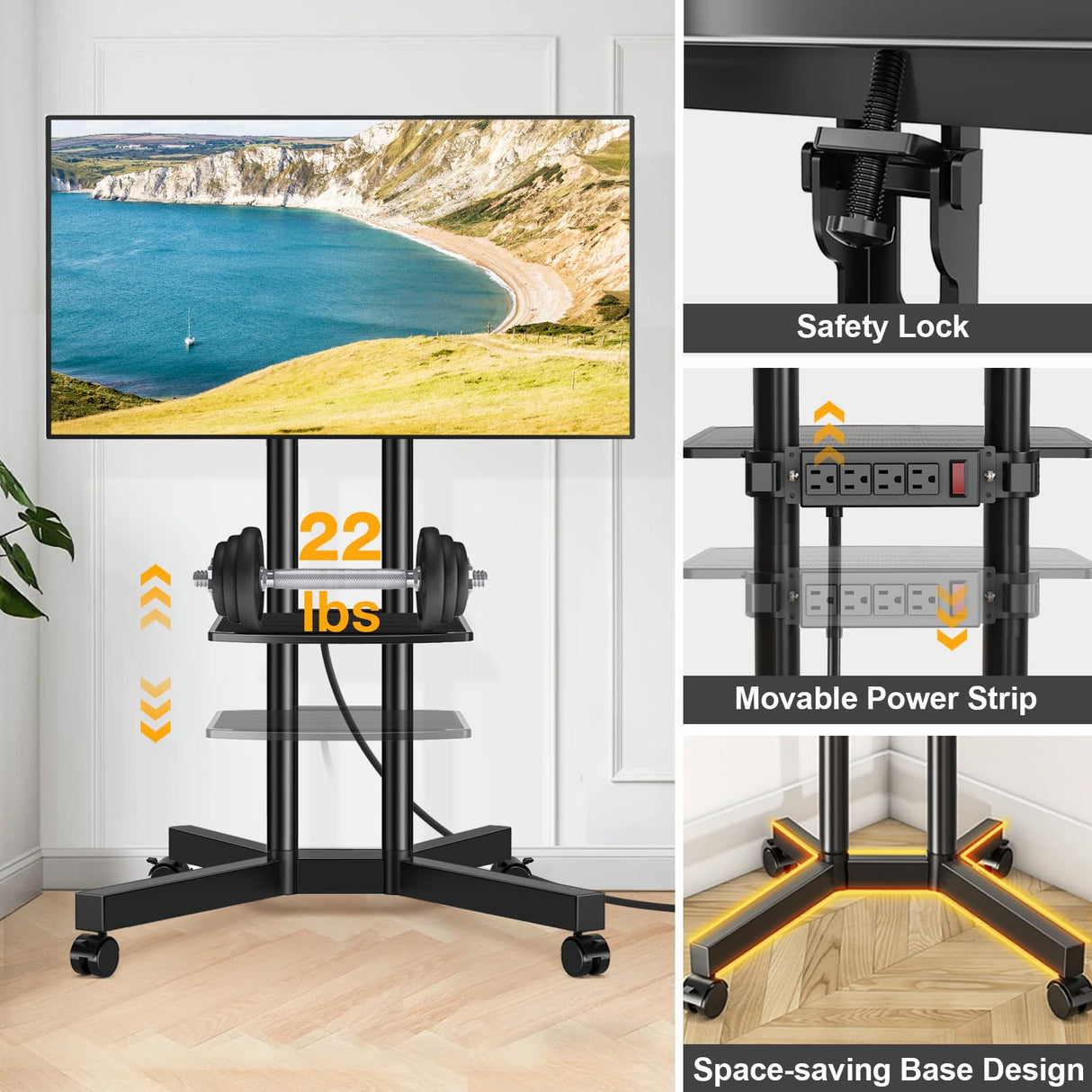TVON Rolling TV Stand with Power Outlet for 32-70 Inch LCD LED OLED Flat Curved Screen TVs up to 88 lbs, Portable TV Stand on Wheels and Height Adjustment Max VESA 400x400mm TVON