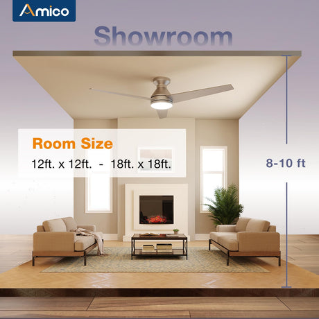 Amico Ceiling Fans with Lights, 52 inch Low Profile Ceiling fan with Light and Remote Control, Flush Mount, Reversible, 3CCT, Dimmable, Noiseless, Nickel Ceiling Fan for Bedroom, Indoor/Outdoor Use Amico