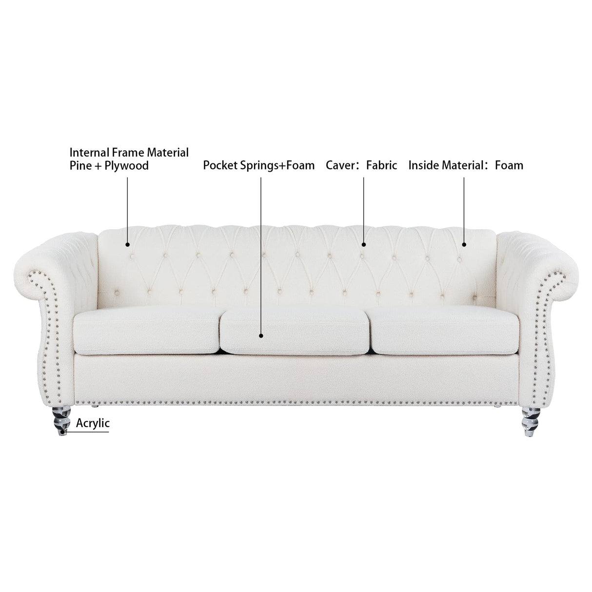 PHOYAL 3 Seater Sofa, Teddy Velvet Chesterfield Sofa Modern Tufted Couch 3 Seater Large Sofa with Scroll Arms and Nailhead for Living Room, White PHOYAL