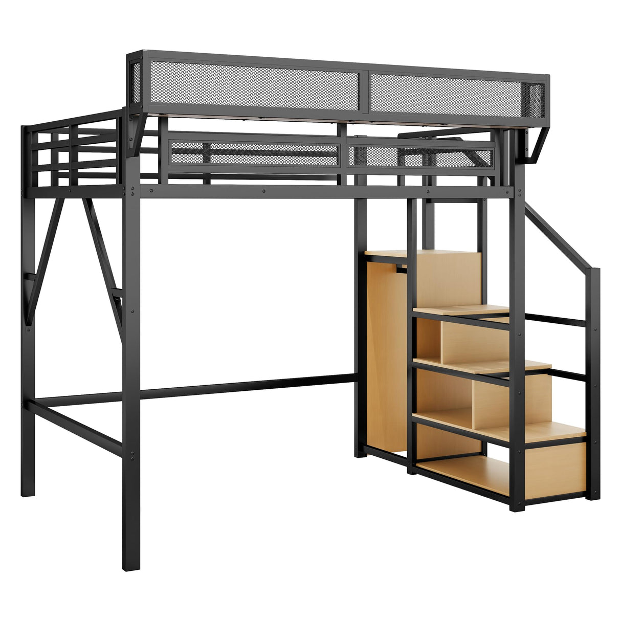 Mirightone Full Size Loft Bed with Stairs and Storage, Metal Loft Bed Frame with Bedside Shelf and Large Under-Bed Space, Heavy-Duty Bed for Adults Teens and Kids, Black Mirightone