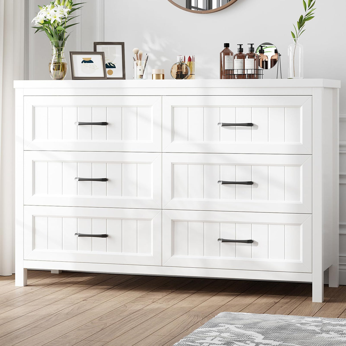 Jocoevol 6 Drawer Dresser for Bedroom, Farmhouse Dresser with Deep Drawers, Large White Dresser Wooden Double Dresser Chest of Drawers for Living Room, Hallway, Entryway (White, 6 Drawer) Jocoevol