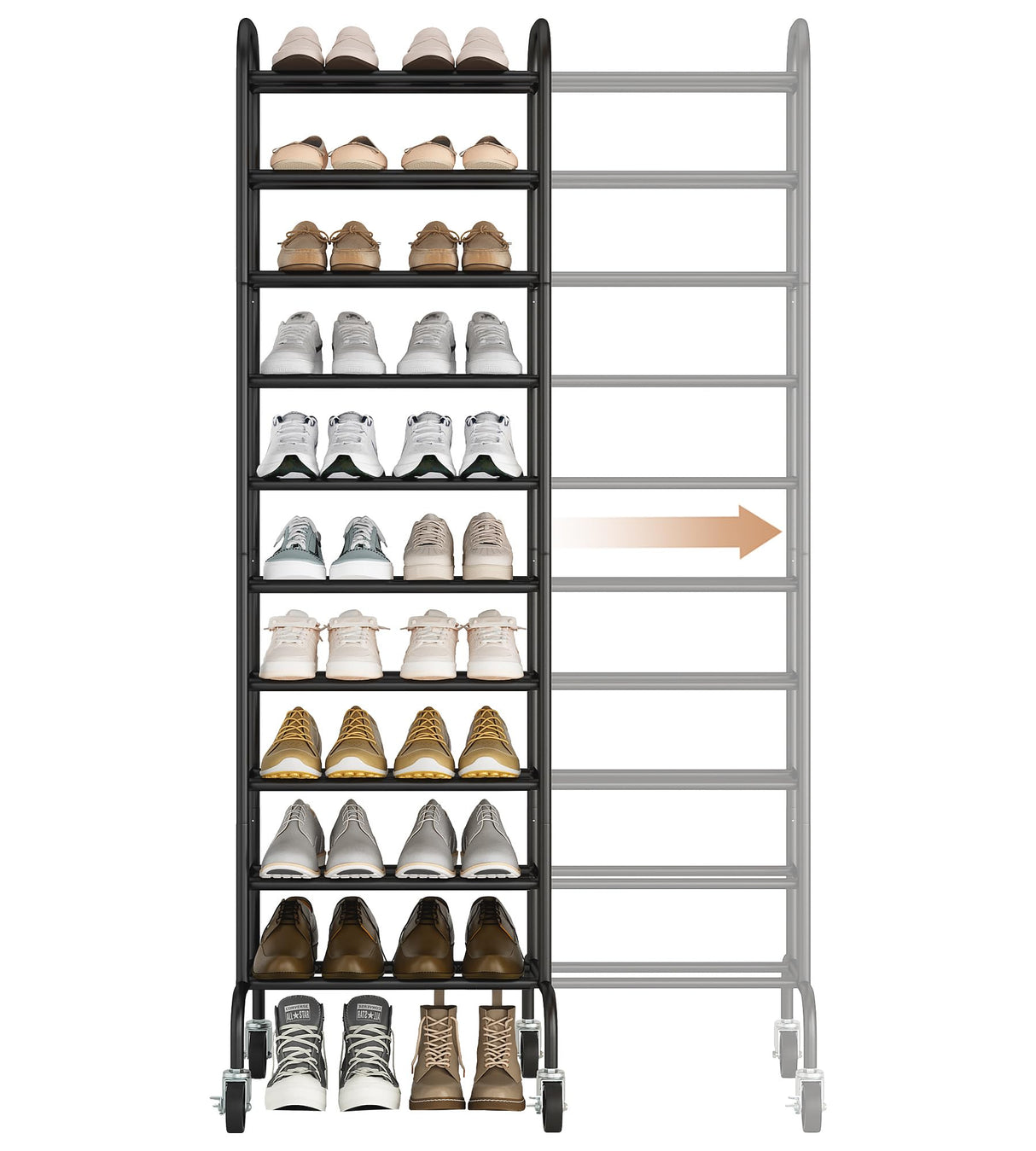 STORAGE MANIAC Expandable Shoe Rack, 44 Pairs Stackable Small Shoe Rack, Metal Adjustable Shoes Organizer for Closet, Entryway, Hallway, Garage, Front Door, Shoes Shelves, Black 10 Tier STORAGE MANIAC