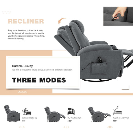 Flamaker Rocking Chair Recliner Chair with Massage Swivel Ergonomic Lounge Chair Classic Single Sofa with 2 Cup Holders Side Pockets Living Room Chair Home Theater Seat (Gray) Flamaker
