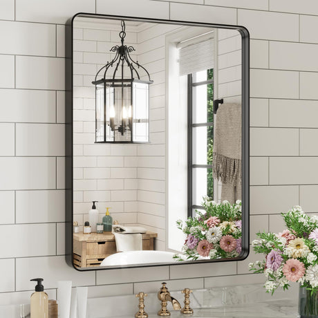 WEER Black Bathroom Mirror for Wall 20X30 Inch, Rectangular Black Metal Framed Vanity Mirror, Farmhouse Bathroom Mirror with Tempered Glass, Rounded Corner, Anti-Rust (Horizontal/Vertical) WEER