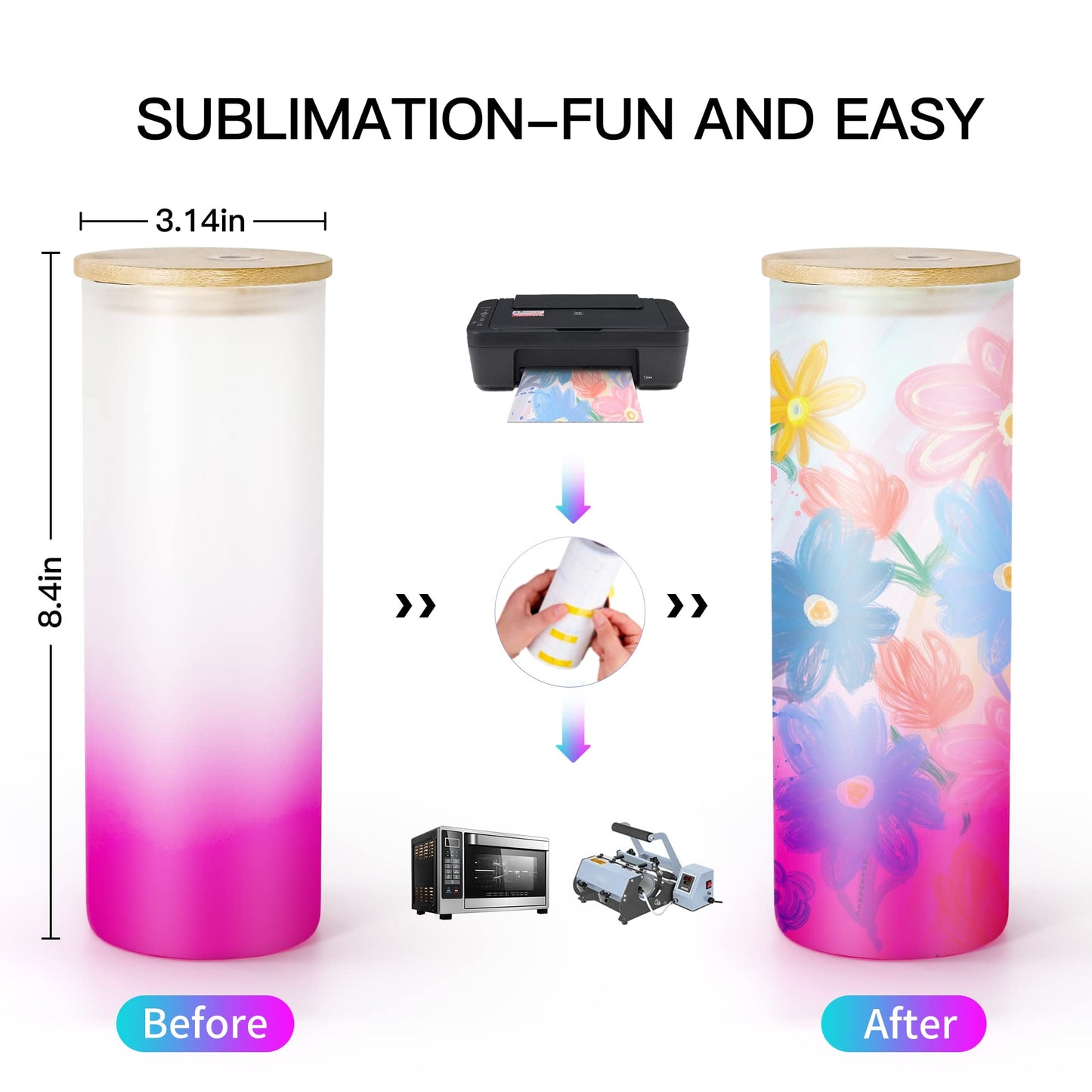 AGH 25 oz Sublimation Glass with Bamboo Lid, 6 Pack Frosted Sublimation Beer Can Glass, Gradient Color Material, Suitable for Beer, Juice, Ice Water, Drinks, Etc.