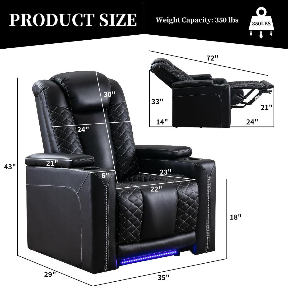 IOMOR Home Theater Seating with USB Ports and Cup Holders, Overstuffed Faux Leather Electric Power Recliner Chair with Hidden Arm Storage, Ambient Lighting (1, Black+Lighting) IOMOR