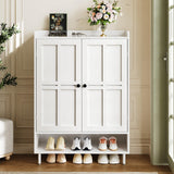 ComfyCorner White 7+1 Tier Farmhouse Shoe Storage Cabinet - 45" Tall Entryway Organizer with Cross Molding Doors, 3 Adjustable Shelves & Metal Legs, Shoe Rack for Front Door Entrance ComfyCorner