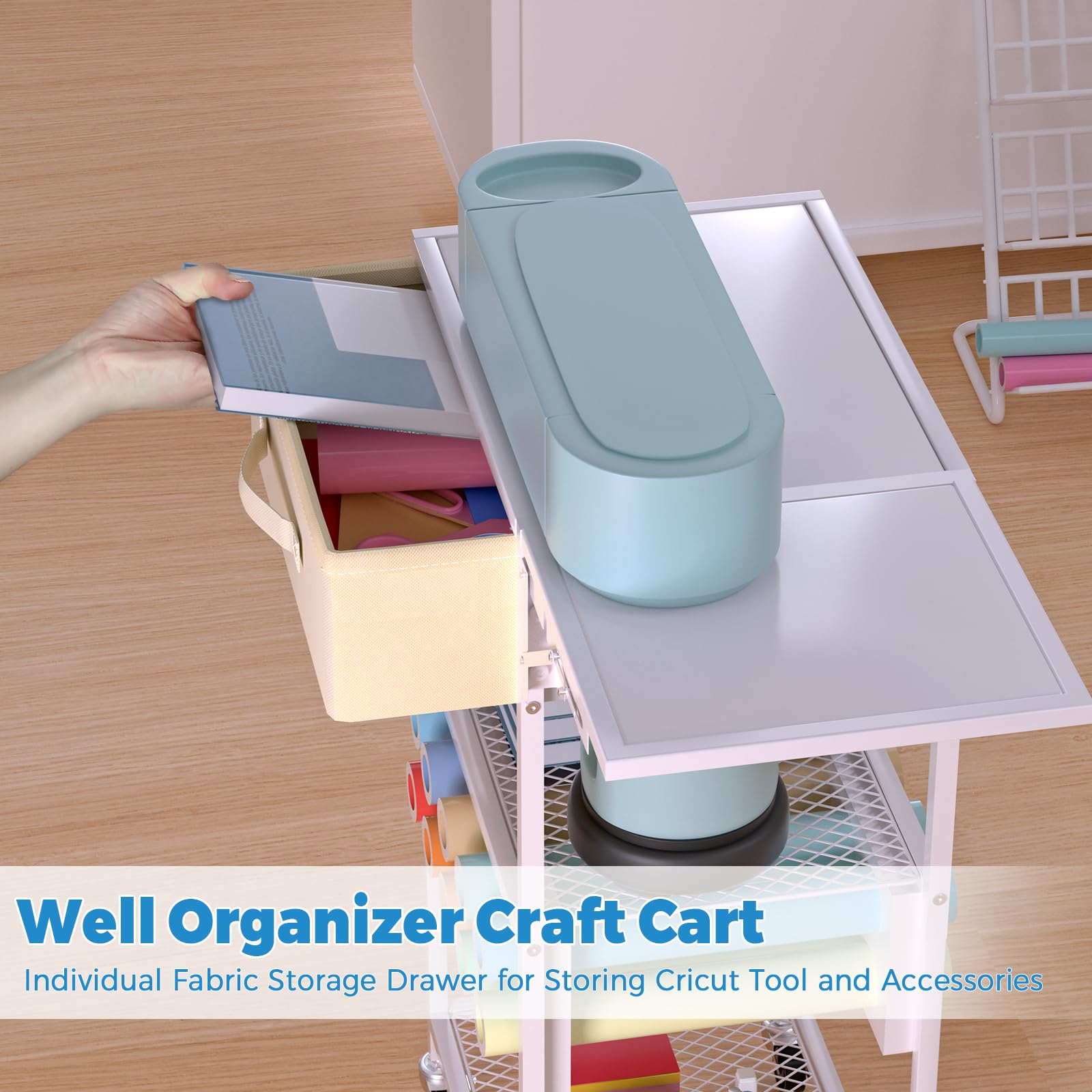 Craft Cart and Organizer Table Compatible with Craft Cutting Machine - Rolling Storage Organizer with Drawer & Vinyl Roll Holder, Crafting Table Workstation Holder for Craft Room Home Office  - WoodArtSupply