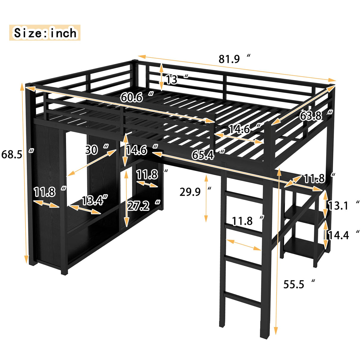 Queen Loft Bed with Desk and Storage Shelves, Loft Bed Queen Size, Queen Loft Bed with Wardrobe and Hanging Rod, Metal Loft Bed with Guardrail and Ladder, Queen Loft Bed for Adults Teens(Queen Balck) Bellemave