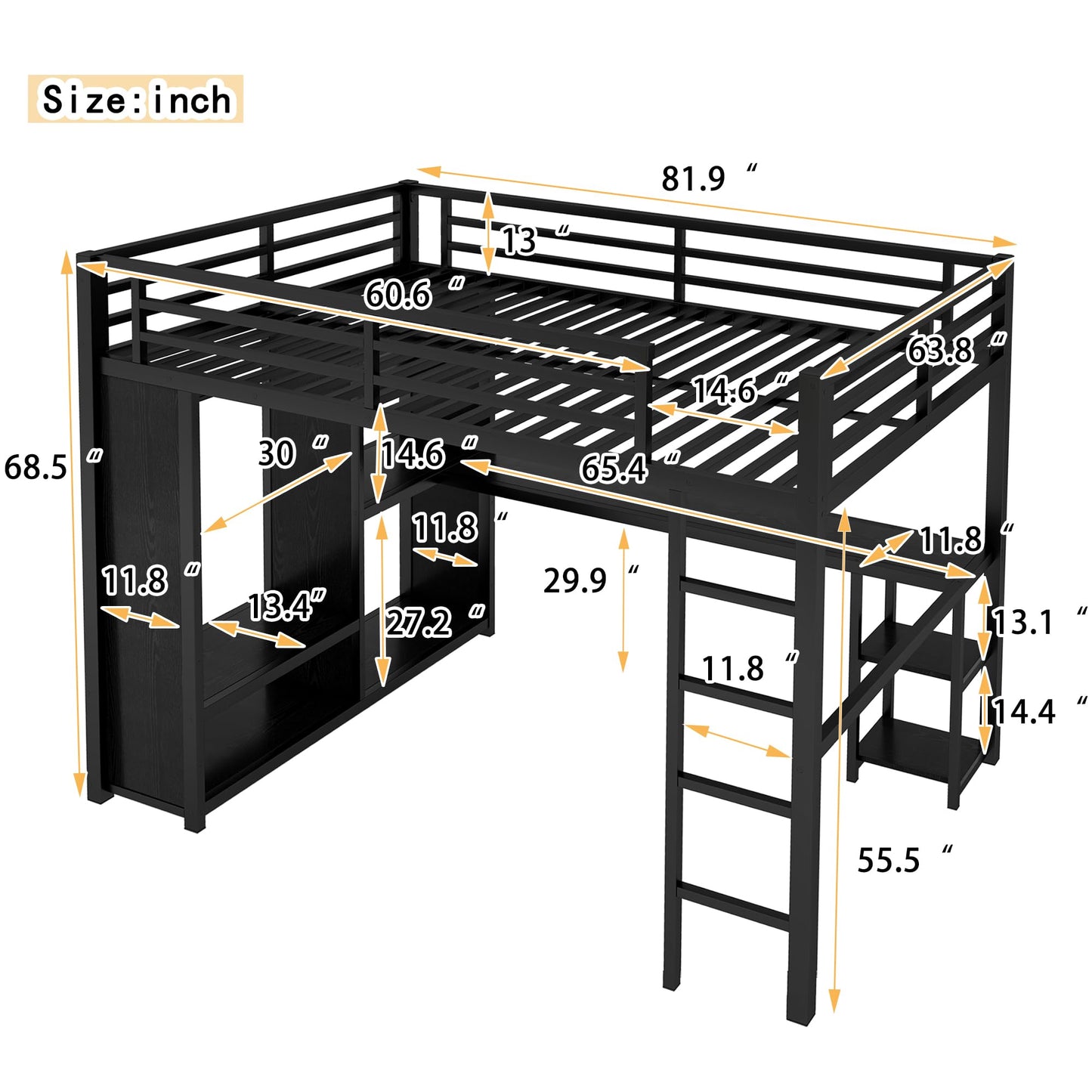 Queen Loft Bed with Desk and Storage Shelves, Loft Bed Queen Size, Queen Loft Bed with Wardrobe and Hanging Rod, Metal Loft Bed with Guardrail and Ladder, Queen Loft Bed for Adults Teens(Queen Balck)