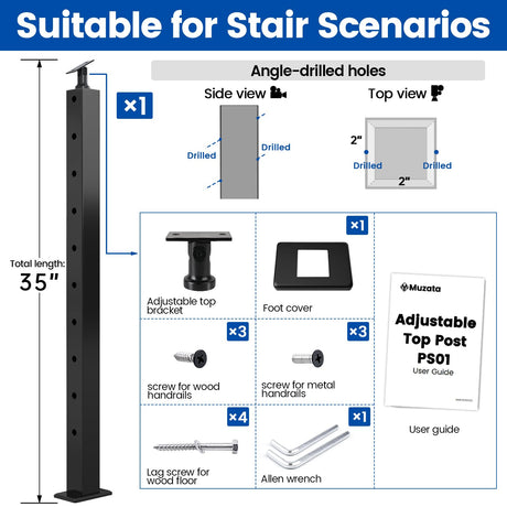 Muzata Black Stair Cable Railing Post 36 Inch for 25-35 Degrees Stair 36"x2"x2" Surface Mount T304 Stainless Steel Cable Railing System Kit Indoor Outdoor with Paper User Guide PS01 BA4S Muzata