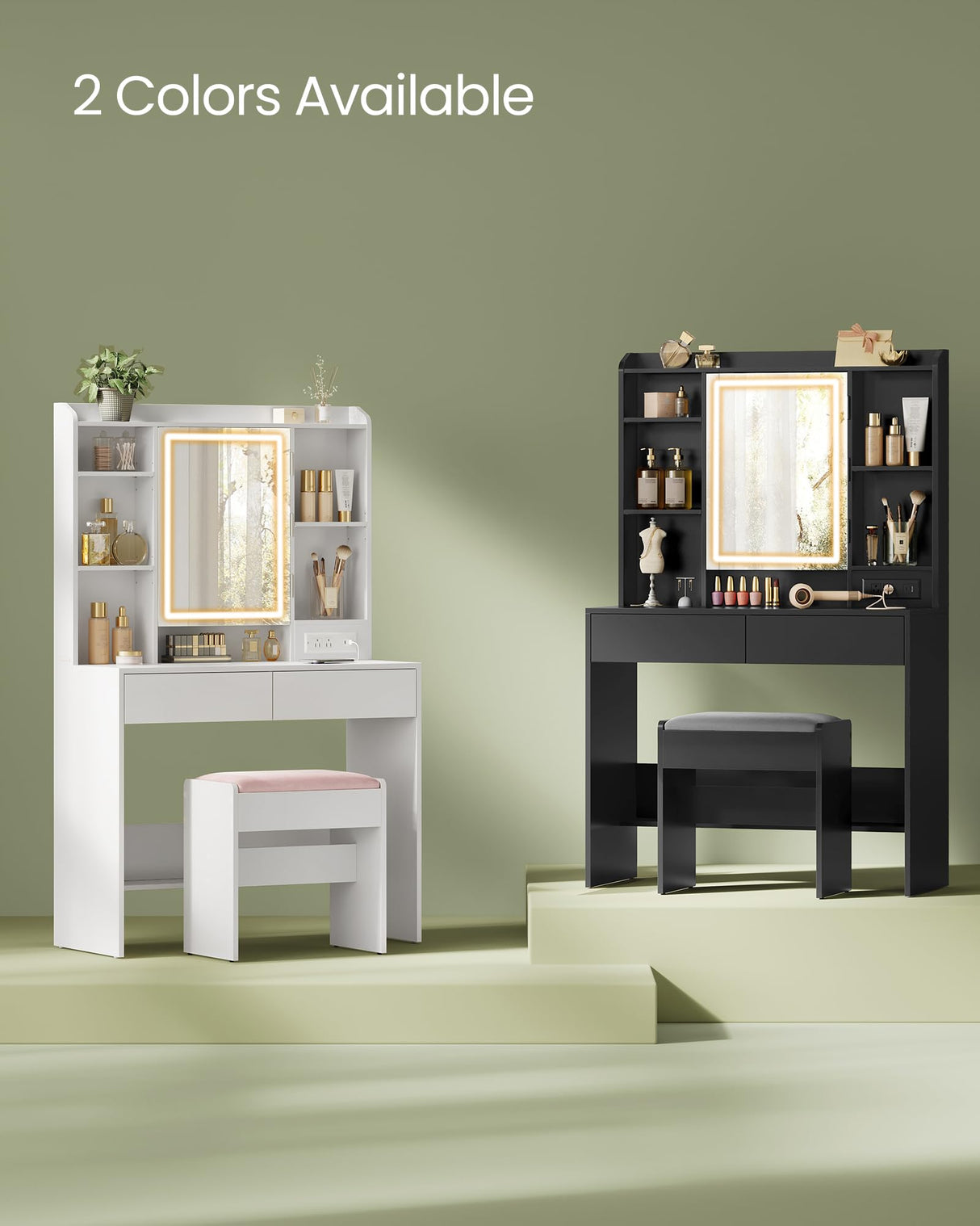 VASAGLE Vanity Desk with Power Outlets, Makeup Vanity with Mirror and Lights, Upholstered Vanity Stool, Dimmable LED Lights, 6 Compartments, 2 Drawers, for Bedroom, Ink Black URDT031B01 VASAGLE