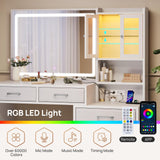 Rolanstar Vanity Desk with Lighted Mirror & Power Outlet, Makeup Vanity with RGB Storage Cabinet, 6 Fabric Drawers & 3 Shelves, 3 Color Modes Dressing Table for Bedroom, Girls, Women, White Rolanstar