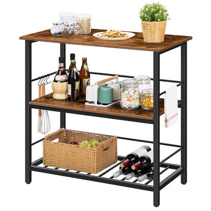 HOOBRO Kitchen Island with Wine Rack, Industrial Kitchen Counter with Hooks and Protective Rails, 3 Tier Kitchen Shelf with Large Workstation, Easy Assembly, Rustic Brown BF02ZD01 - WoodArtSupply