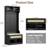 Anmytek Hall Tree with Bench and Shoe Storage, Farmhouse Entryway Bench with Coat Rack, 6 Compartments & 4 Hooks & Rattan Door, Shoe Storage Bench with Soft Cushion for Hallway, Living Room, Black Anmytek