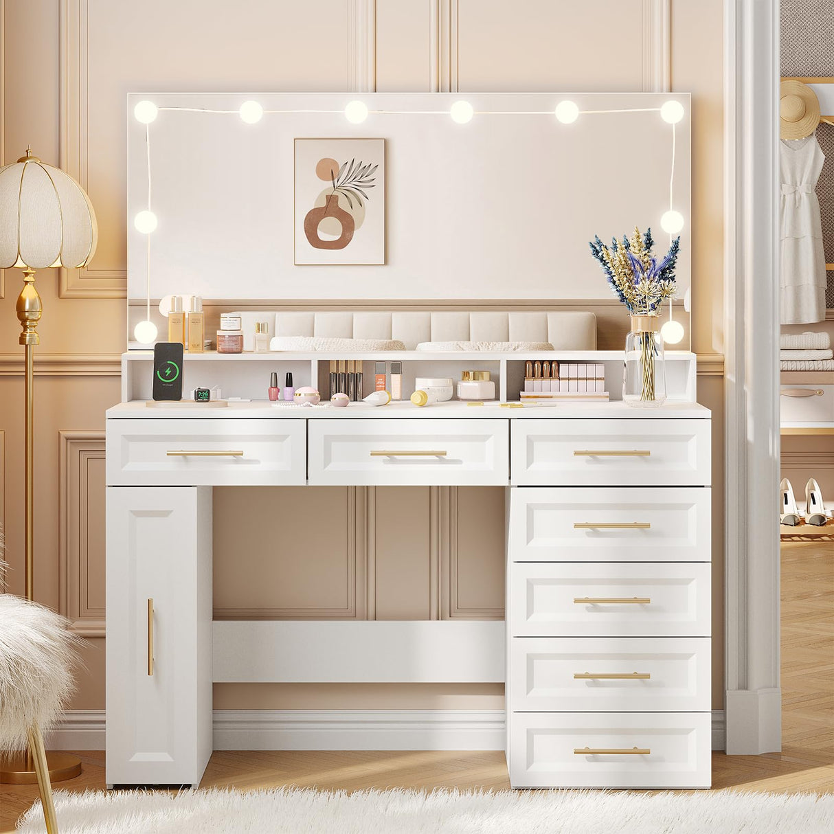 Vabches Large Makeup Vanity Desk, 47" White Vanity Table with Mirror and Lights, 3 Modes Adjustable Brightness and Jewelry Cabinet, Glass Top Vanity with Power Outlet and 7 Drawers for Bedroom Vabches