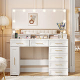 Vabches Large Makeup Vanity Desk, 47" White Vanity Table with Mirror and Lights, 3 Modes Adjustable Brightness and Jewelry Cabinet, Glass Top Vanity with Power Outlet and 7 Drawers for Bedroom Vabches
