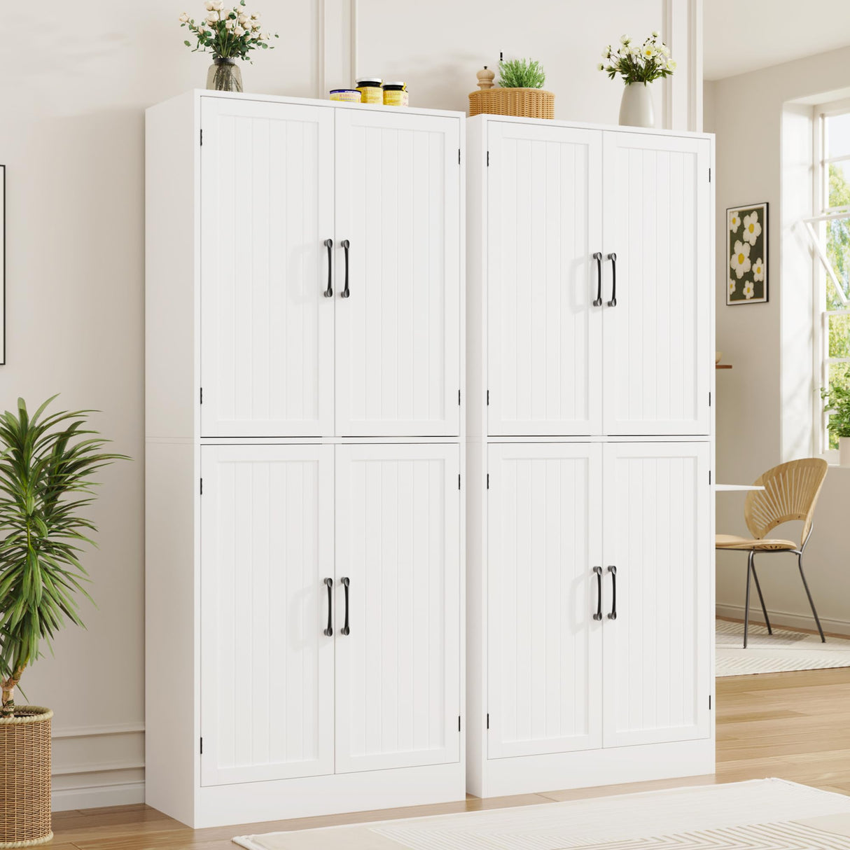 MHOM 71" Farmhouse Pantry Cabinet, Tall Storage Cabinet with 4 Doors and Adjustable Shelves, Freestanding Pantry for Dining Room, Kitchen, and Living Room, White MHOM