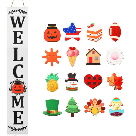Welcome Sign for Front Door, Interchangeable Porch Sign Outdoor, Welcome Sign for Front Porch Decorations Outdoor, Wood Porch Sign with 16 Seasonal Icons for Decor (White Backing) Jetec
