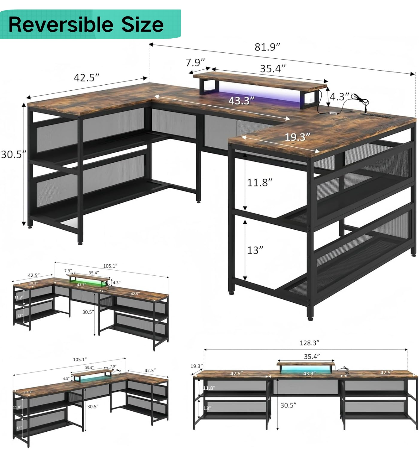 U Shaped Desk with Power Outlets & LED Lights, 82" L Shaped Computer Gaming Desk with Shelves, Corner Desk Office Desk with Monitor Stand & Storage Shelves Large Home Office Desk, Rustic Brown