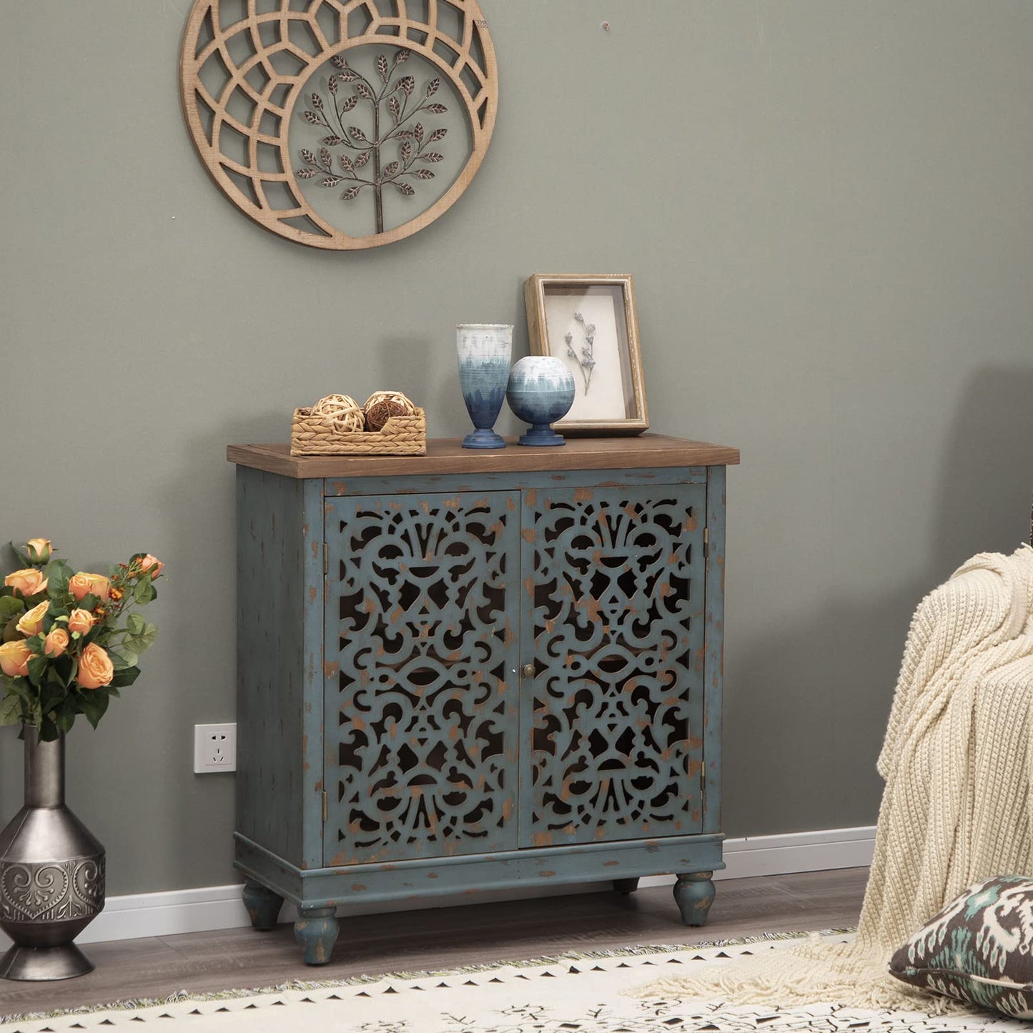 Sophia & William Accent Cabinet with Doors, Distressed Display Storage Cabinet with Wooden Frame and Hollow-Carved Floral Patterns for Entryway Living Room, Blue - WoodArtSupply