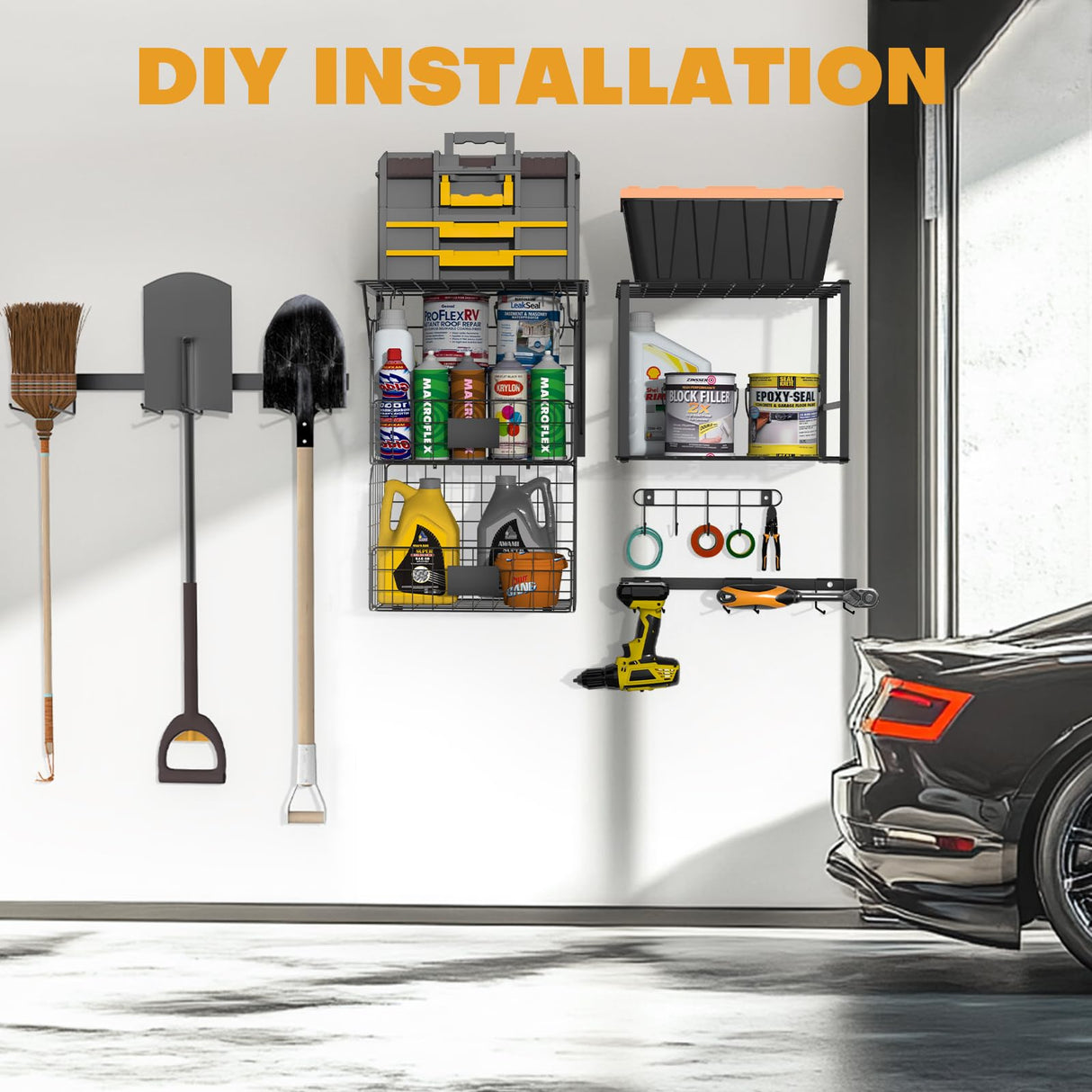 ALIESTFDNO Garage Shelves Wall Mount with Wire baskets, 8-IN-1 Heavy Duty Garage Wall Shelving with Garden Tool Rack 2pack & 6pcs Hooks, Wire Shelf Baskets Tool Shelves for Home Garage Garden Storage ALIESTFDNO