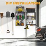 ALIESTFDNO Garage Shelves Wall Mount with Wire baskets, 8-IN-1 Heavy Duty Garage Wall Shelving with Garden Tool Rack 2pack & 6pcs Hooks, Wire Shelf Baskets Tool Shelves for Home Garage Garden Storage ALIESTFDNO