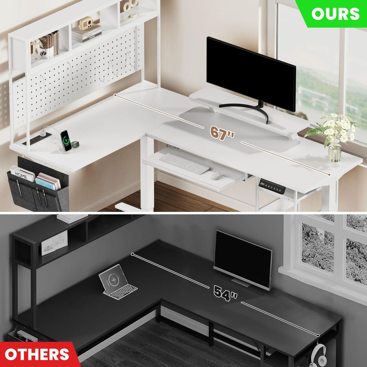 Flycity Electric L Shaped Standing Desk Adjustable Height, 67" x 47" Corner Computer Desk with Host Shelf, Gaming Desk with LED Lights & Power Outlet, Dual Motor Home Office Desk with Storage, White Flycity