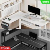 Flycity Electric L Shaped Standing Desk Adjustable Height, 67" x 47" Corner Computer Desk with Host Shelf, Gaming Desk with LED Lights & Power Outlet, Dual Motor Home Office Desk with Storage, White Flycity