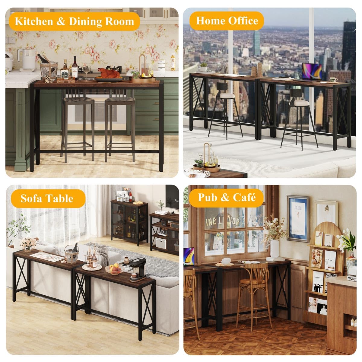 Rustic Oak BON AUGURE 55" Counter Height Bar Table - Tall Pub Console for Dining and Living Spaces BON AUGURE