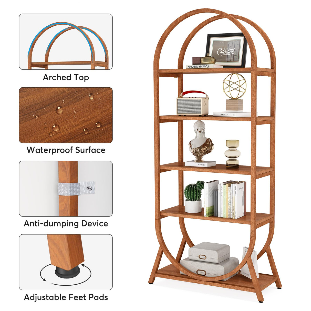 Tribesigns 5-Tier Arched Bookshelf - Modern Bright Brown Metal Frame Storage Unit Tribesigns