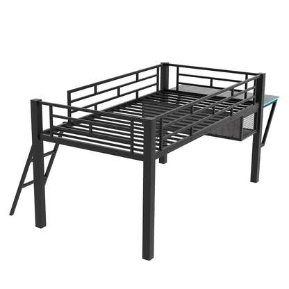 SOFTSEA Twin Size Metal Loft Bed with Desk, LED Light, and Guardrails- Space-Saving Design for Kids and Teens - WoodArtSupply