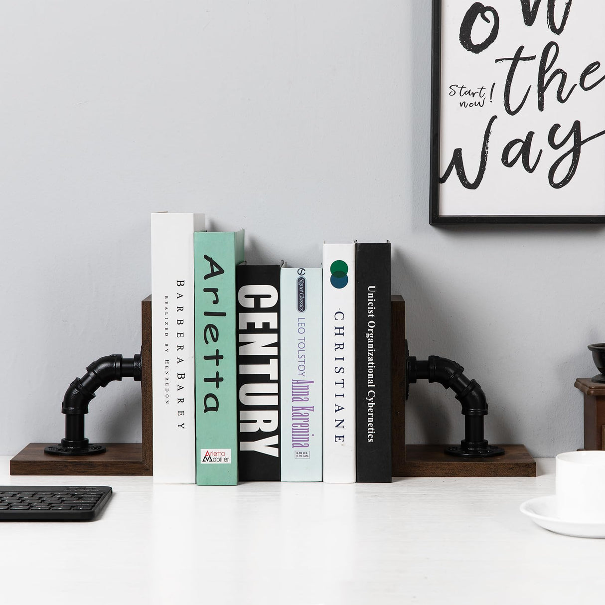 Rustic Decorative Wooden Tabletop Farmhouse Bookends for Heavy Books with Modern Industrial-Style Pipe Office Desktop Bookshelf Organizers Stoppers Holder Nonskid Shelf Decor 1-Pair (Dark Brown) canwedance