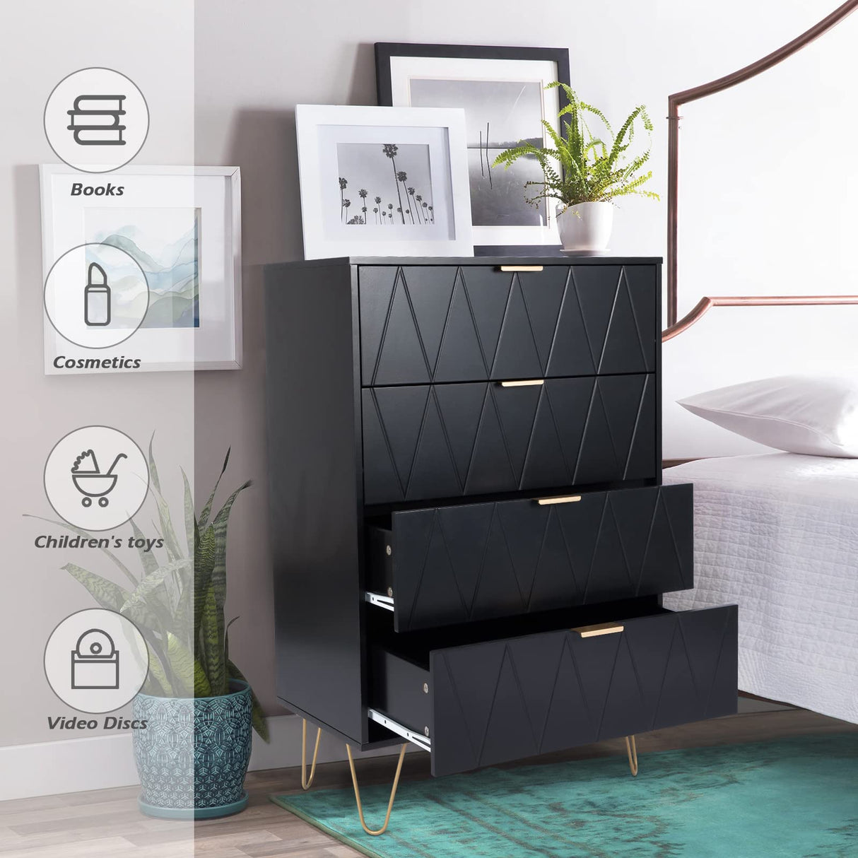 UEV 4 Drawer Dresser,Chest of Drawers,Wooden Dresser with 4 Metal Legs,Tall Dresser with Anti-Tipping Device,Dresser Set for Bedroom,Living Room (Black) UEV