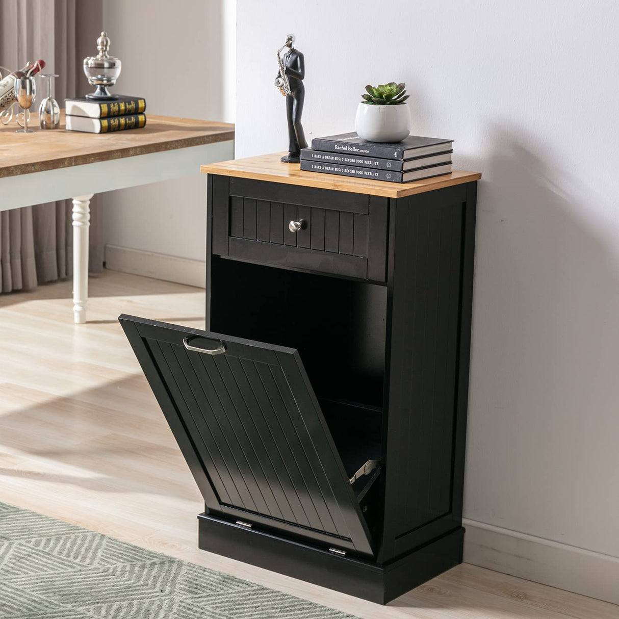 Trash Cabinet Tilt Out Freestanding, Pet Proof Kitchen Trash Cabinet Laundry Hamper with Cutting Board, Wood Garbage Recycling Station Hideaway Trash Holder Drawers (1, Black) Gitua
