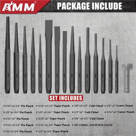 AMM 16PCS Punch and Chisel Set, including Taper Punch, Cold Chisels, Pin Punch and Center Punch, Cr-V for Working with Wood, Metal, Automotive AMM