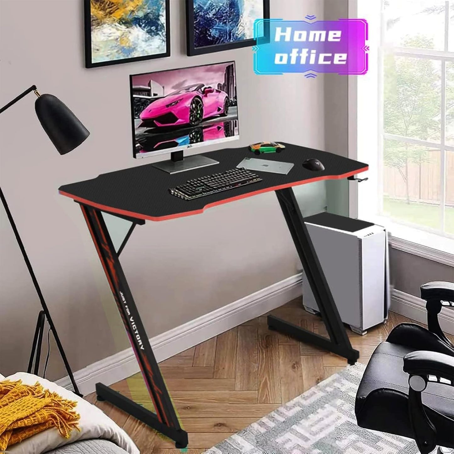 XXkseh 39 Inch Gaming Desk Z-Shaped Computer Gaming Workstation with Headset Hook Home Office Desk, Ergonomic Small Gaming Table and Small Desk with Footbed, MDF Desktop and Metal Frame, Red