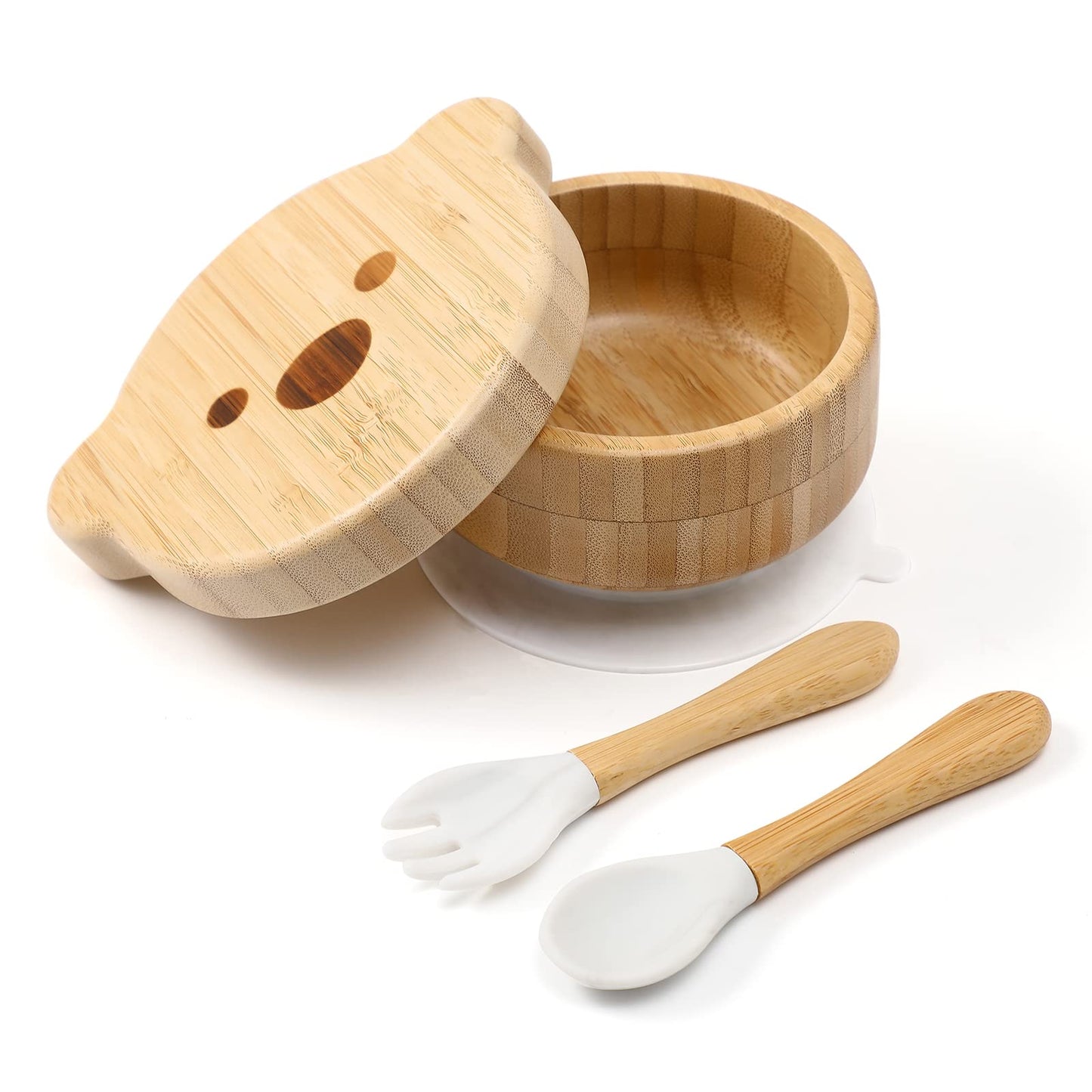 Baby Bowls with Lid,HBM Bamboo Suction Bowls for Baby and Spoon Set,3PC Feeding Supplies Set for Infant, Toddlers,Detachable Silicone Suction Stay Put Base for Wooden Bowl （Marble）