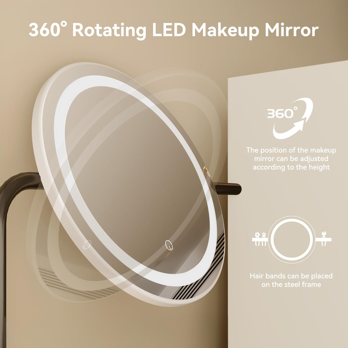 Dowinx Vanity Desk with LED Lighted Mirror & Power Outlet, White Vanity Desk with Adjustable 3 Lighting Modes, Small Vanity Desk for Bedroom, Makeup Vanity with Chair for Girl, White and Black Dowinx