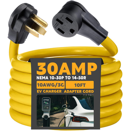 Tellegloww 10ft EV Charger Adapter Cord Compatible with NEMA 10-30P to 14-50R, 30 Amp Dryer to 50 Amp EV for Level 2 Charging, 4 Prong to 3 Prong Power Extension Cord with Handle, ETL Listed Tellegloww